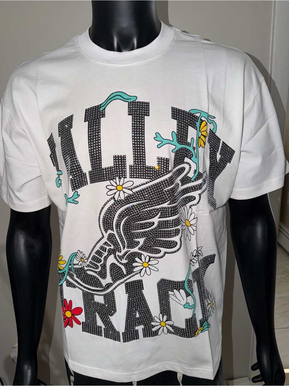 White Graphic Short-Sleeve Tee with Wing & Floral Motif
